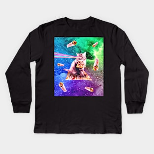 Space Cat Eating Pizza - Rainbow Laser Eyes, Burrito Kids Long Sleeve T-Shirt